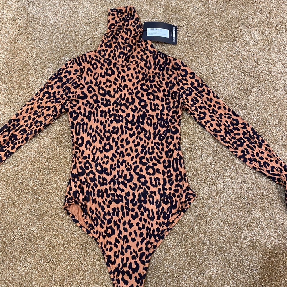 Tan Leopard Print Roll Neck Long Sleeve Bodysuit
